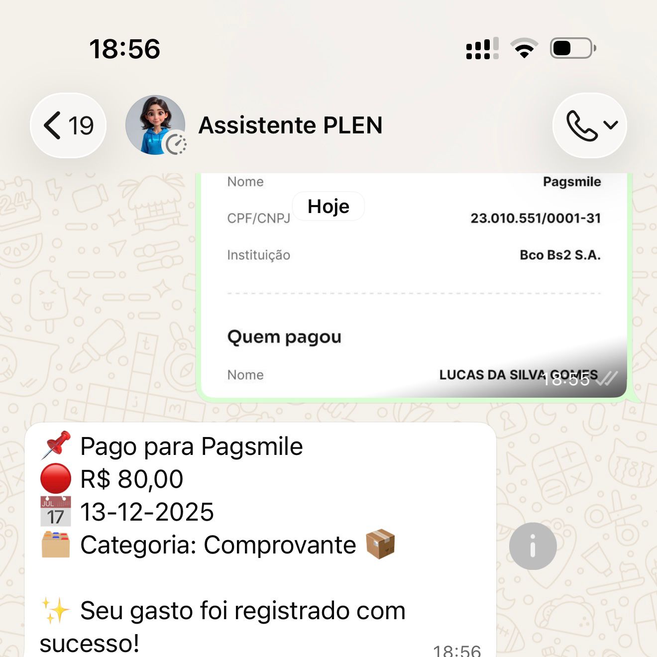Exemplo de uso do Comprovante no WhatsApp